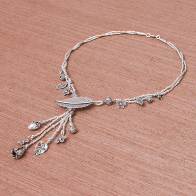 Beaded sterling silver Y-necklace, 'Natural Bounty' - Thai Hill Tribe Style Nature-Themed Silver Y-Necklace