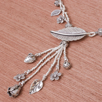 Collar en Y con cuentas de plata - Collar en Y de plata 950 con temática natural al estilo de las tribus de las colinas tailandesas