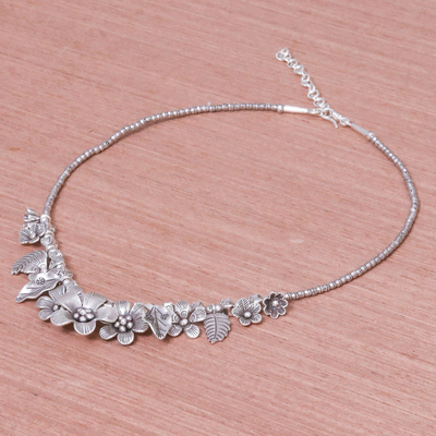 Silver beaded necklace, 'Nature's Miracle' - Silver 950 Flower Motif Pendant Necklace from Thailand