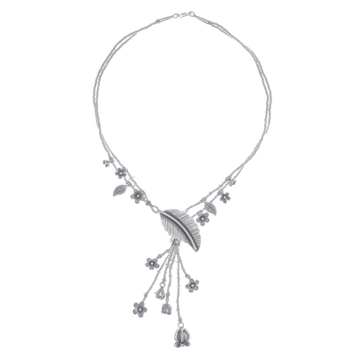 Silberne Y-Halskette - Y-Halskette aus 950er Silber mit Blumen- und Blattmotiv