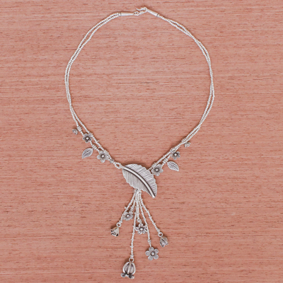 Silver Y-necklace, 'Like Paradise' - Flower and Leaf Themed 950 Silver Y-Necklace