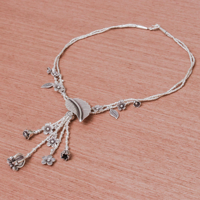 Sterling silver Y-necklace, 'Like Paradise' - Flower and Leaf Themed Sterling Silver Y-Necklace