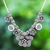 Sterling silver beaded pendant necklace, 'Garden in Bloom' - Hill Tribe Beaded Sterling Silver Flower Necklace
