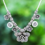 Silver beaded pendant necklace, 'Garden in Bloom' - Hill Tribe Beaded Silver Flower Necklace
