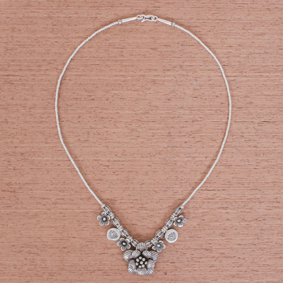 Silver beaded pendant necklace, 'Garden in Bloom' - Hill Tribe Beaded Silver Flower Necklace