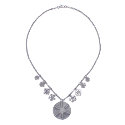 Silver beaded pendant necklace, 'Hypnotic Karen' - Spiral Medallion 950 Silver Pendant Necklace