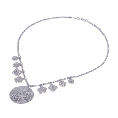 Silver beaded pendant necklace, 'Hypnotic Karen' - Spiral Medallion 950 Silver Pendant Necklace