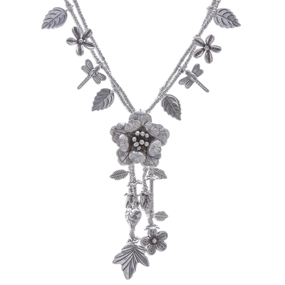 Silver beaded Y-necklace, 'Garden Beauty' - Nature-Themed 950 Silver Y-Necklace from Thailand