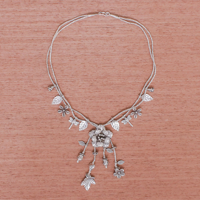 Y-Halskette mit silbernen Perlen - Y-Halskette aus 950er Silber mit Naturmotiv aus Thailand