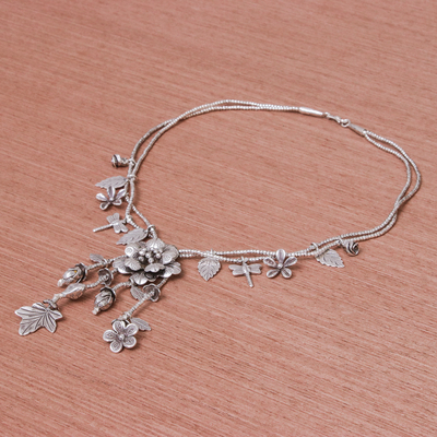 Y-Halskette mit silbernen Perlen - Y-Halskette aus 950er Silber mit Naturmotiv aus Thailand
