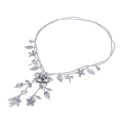 Silver beaded Y-necklace, 'Garden Beauty' - Nature-Themed 950 Silver Y-Necklace from Thailand