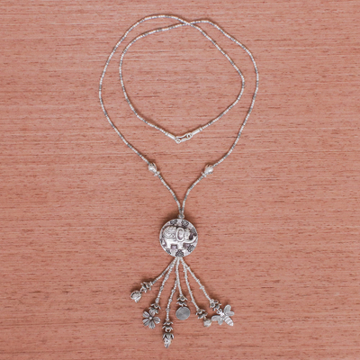 Silver beaded long Y-necklace, 'Elephant Charm' - 950 Silver Elephant Charm Pendant Necklace