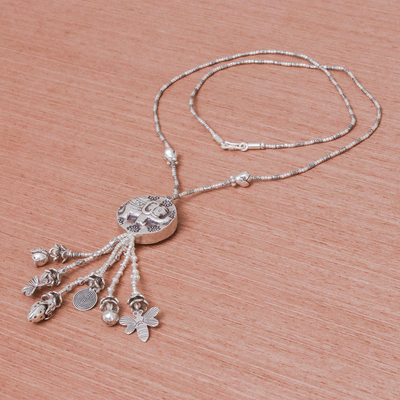 Lange Y-Halskette mit silbernen Perlen - Halskette mit Elefantenanhänger aus 950er Silber
