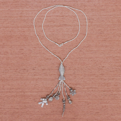 Silver beaded long Y-necklace, 'Koi Charm' - Koi Fish Charm Pendant Necklace in 950 Silver