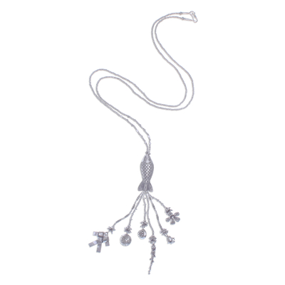 Silver beaded long Y-necklace, 'Koi Charm' - Koi Fish Charm Pendant Necklace in 950 Silver