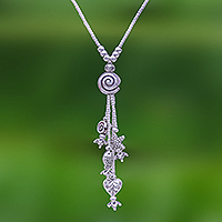 Silver beaded long Y-necklace, 'Shell Charm'