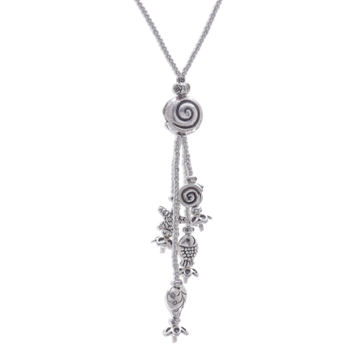 Lange Y-Halskette mit silbernen Perlen - Lange Y-Halskette aus 950er Silber im Thai-Stil mit Perlen