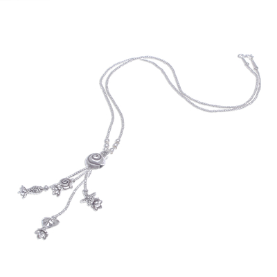 Silver beaded long Y-necklace, 'Shell Charm' - Thai Style 950 Silver Long Beaded Y-Necklace