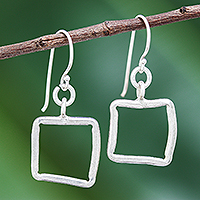 Silver dangle earrings, 'Window to Imagination' - Karen Hill Tribe Open Square Dangle Earrings from Thailand