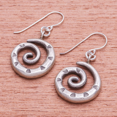 Silver dangle earrings, 'Joyful Spirals' - Karen Hill Tribe Silver Triangles on Spirals Dangle Earrings