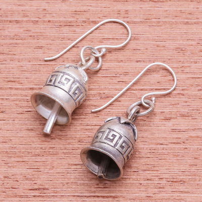 Silver dangle earrings, 'Sonorous' - Karen Hill Tribe Silver Geometric Motif Bell Dangle Earrings