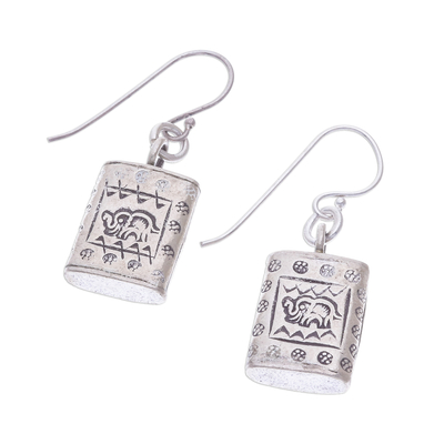 Silver dangle earrings, 'Honored Elephant' - Karen Hill Tribe Silver Elephant Motif Block Dangle Earrings