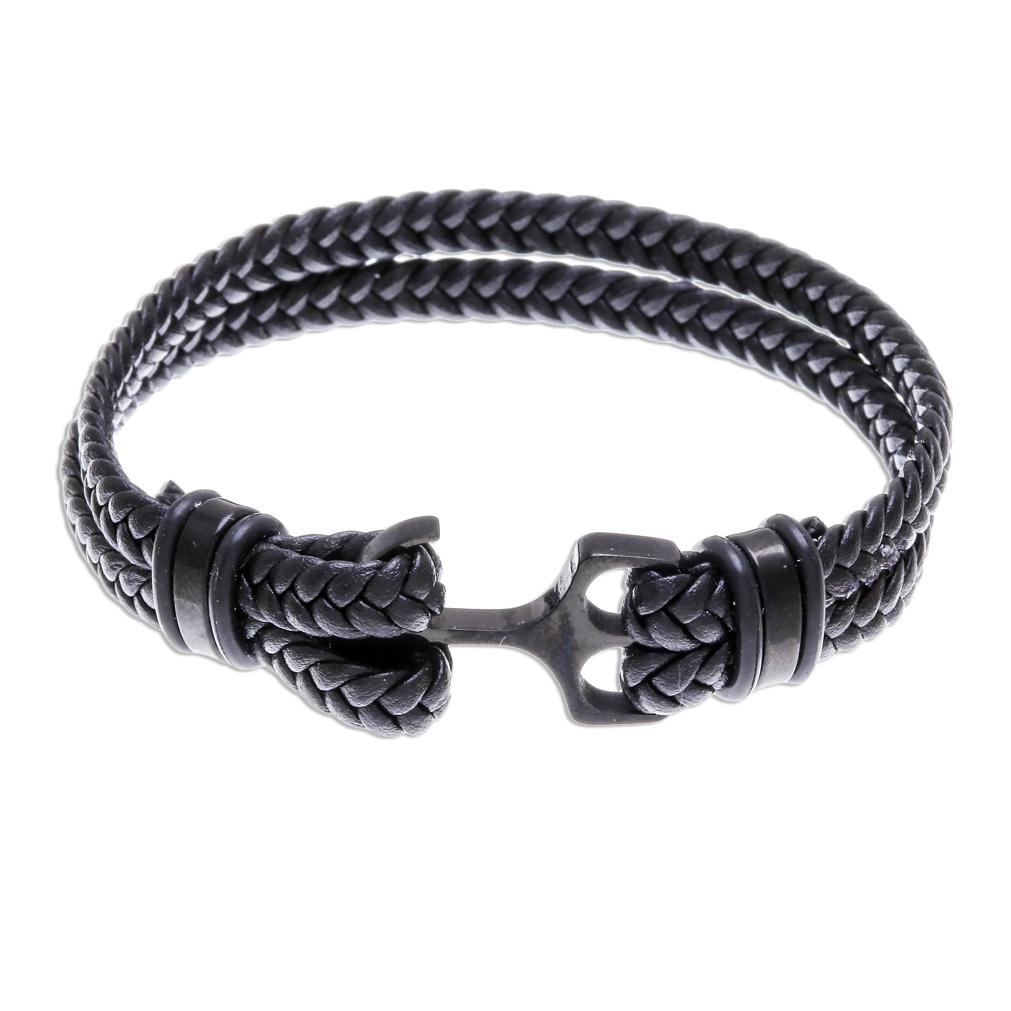 Leather Braided Wristband Bracelet in Black from Thailand - Anchor ...