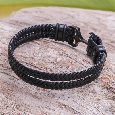 Braided leather wristband bracelet, 'Anchor Strength in Black' - Braided Leather Wristband Bracelet in Black from Thailand