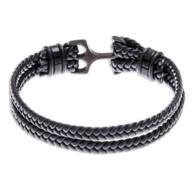 Braided leather wristband bracelet, 'Anchor Strength in Black' - Braided Leather Wristband Bracelet in Black from Thailand