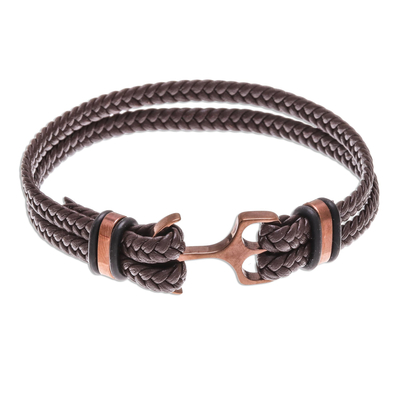Leather Braided Wristband Bracelet in Brown from Thailand