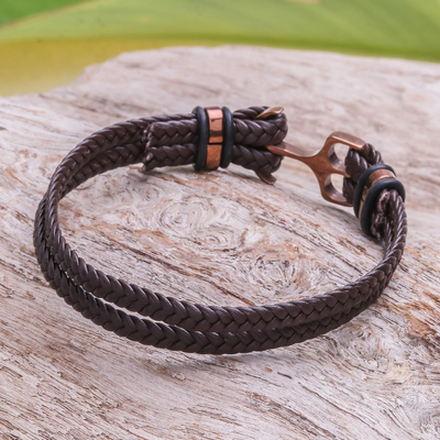 Leather braided wristband bracelet, 'Anchor Strength in Brown' - Leather Braided Wristband Bracelet in Brown from Thailand