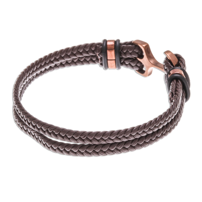 Braided leather wristband bracelet, 'Anchor Strength in Brown' - Leather Braided Wristband Bracelet in Brown from Thailand