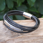 Leather strand bracelet, 'Mighty Strength in Black' - Leather Strand Bracelet in Black from Thailand