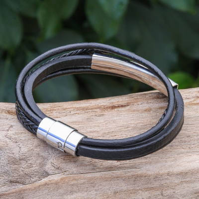 Leather strand bracelet, 'Mighty Strength in Black' - Leather Strand Bracelet in Black from Thailand