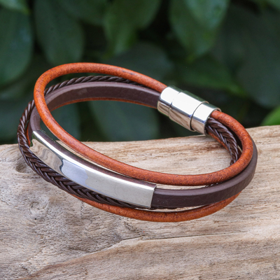 Leather strand bracelet, Mighty Strength in Brown