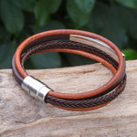 Leather strand bracelet, 'Mighty Strength in Brown' - Leather Strand Bracelet in Brown from Thailand