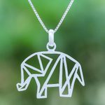 Sterling silver pendant necklace, 'Mother of the Forest' - Geometric Sterling Silver Elephant Necklace from Thailand