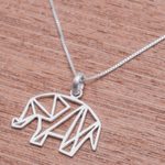 Sterling silver pendant necklace, 'Mother of the Forest' - Geometric Sterling Silver Elephant Necklace from Thailand