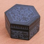 Lacquered wood box, 'Blue Floral Hexagon' - Blue and Black Thai Lacquered Wood Decorative Box
