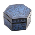 Lacquered wood box, 'Blue Floral Hexagon' - Blue and Black Thai Lacquered Wood Decorative Box