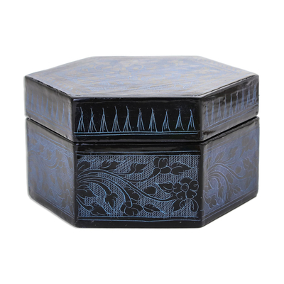 Lacquered wood box, 'Blue Floral Hexagon' - Blue and Black Thai Lacquered Wood Decorative Box