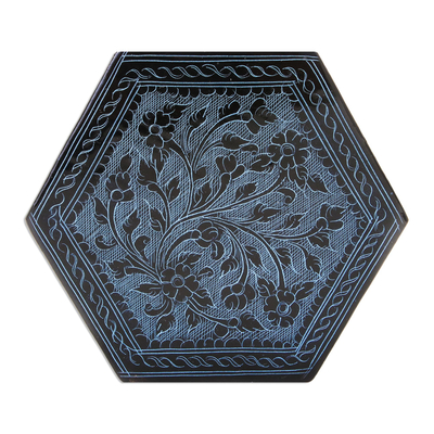Lackierte Holzkiste - Blaue und schwarze thailändische dekorative Box aus lackiertem Holz