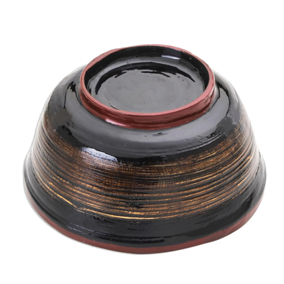 Lacquered wood decorative bowl, 'Golden Tradition' - Black and Gold Thai Lacquered Decorative Bowl with Red