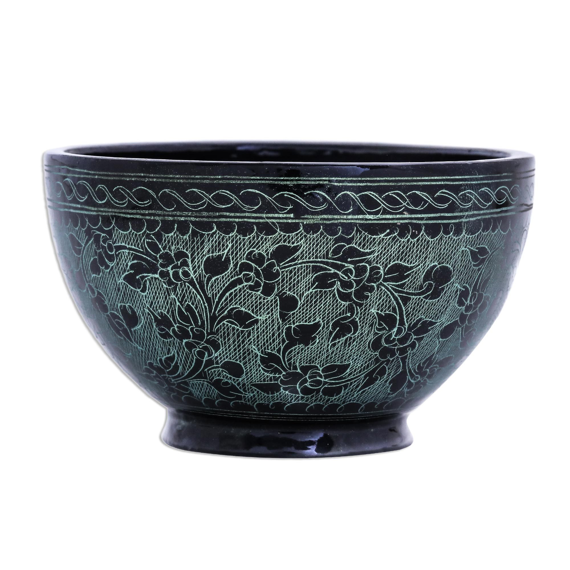 Black and Green Thai Lacquered Decorative Bowl Verdant