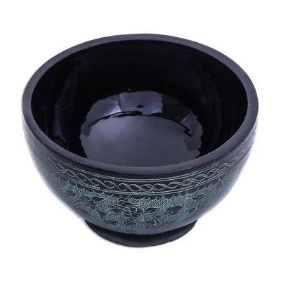 Lacquered wood decorative bowl, 'Verdant Floral Forest' - Black and Green Thai Lacquered Wood Decorative Bowl