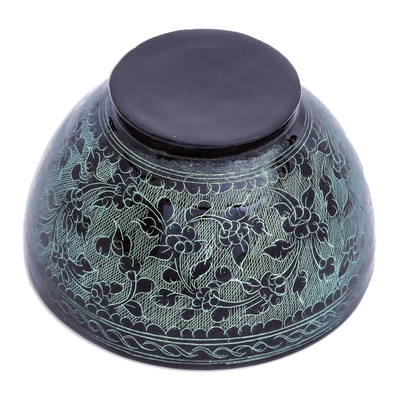 Lacquered wood decorative bowl, 'Verdant Floral Forest' - Black and Green Thai Lacquered Decorative Bowl