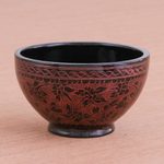 Lacquered wood decorative bowl, 'Red Floral Forest' - Handcrafted Red and Black Lacquered Bowl from Thailand