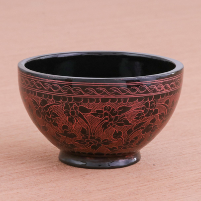 Lacquered wood decorative bowl, 'Red Floral Forest' - Handcrafted Red and Black Lacquered Bowl from Thailand