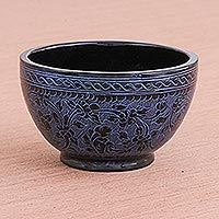 Handcrafted Blue and Black Lacquered Bowl from Thailand,'Blue Floral Forest'