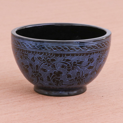 Cuenco decorativo de madera lacada - Cuenco lacado azul y negro hecho a mano de Tailandia